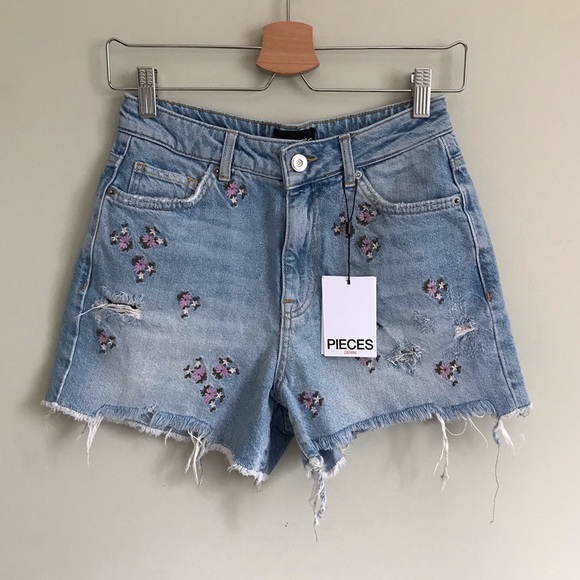 ASOS Pants - NWT ASOS Pieces Embroidered Floral High Waisted Distressed Frayed Denim Shorts